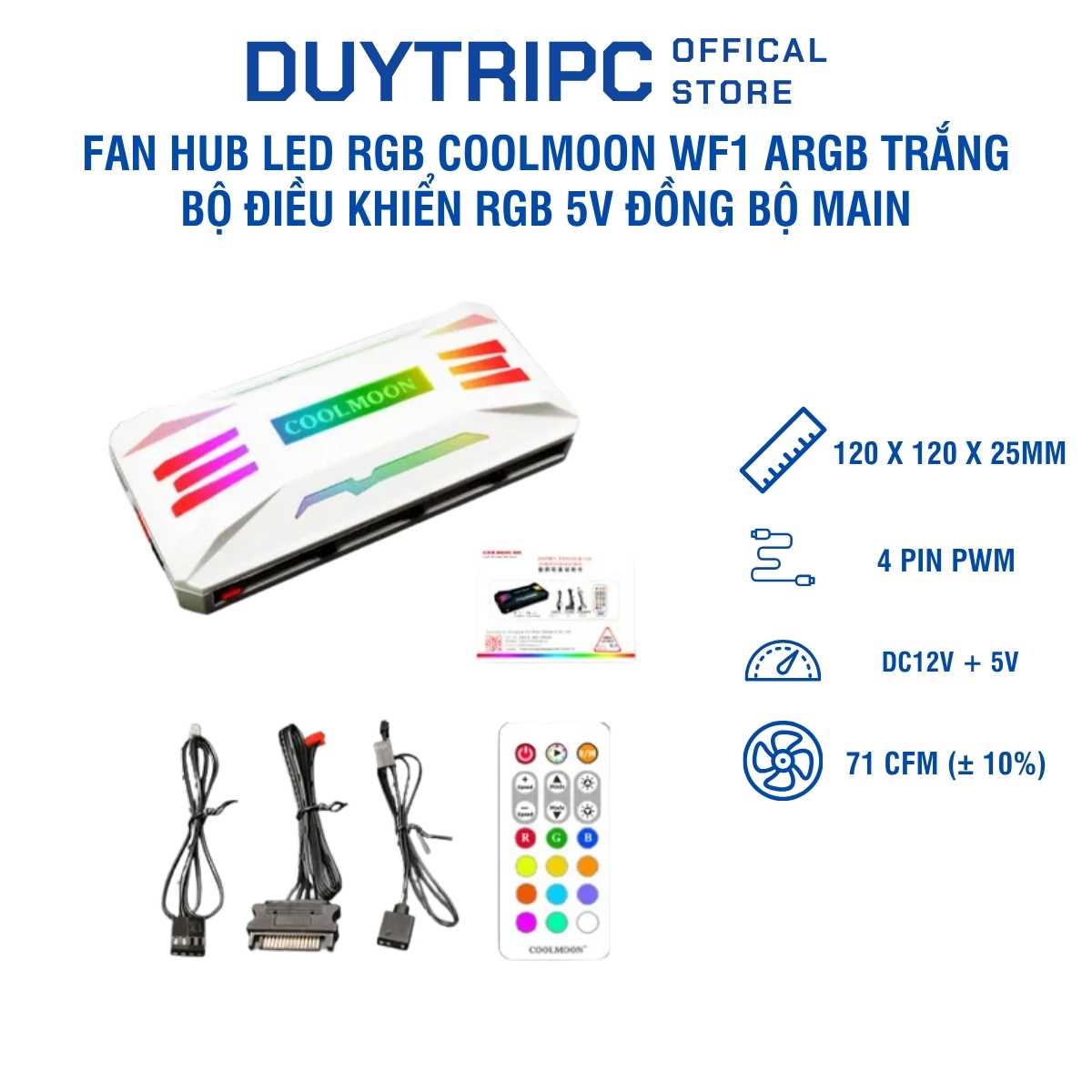Fan Hub LED RGB Coolmoon WF1 ARGB Trắng – Bộ Điều Khiển RGB 5V Đồng Bộ Main, Hỗ Trợ Nhiều Quạt, Dễ Lắp Đặt